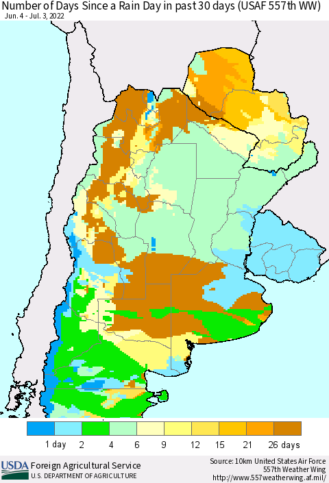 Southern South America Number of Days Since a Rain Day in past 30 days (USAF 557th WW) Thematic Map For 6/27/2022 - 7/3/2022