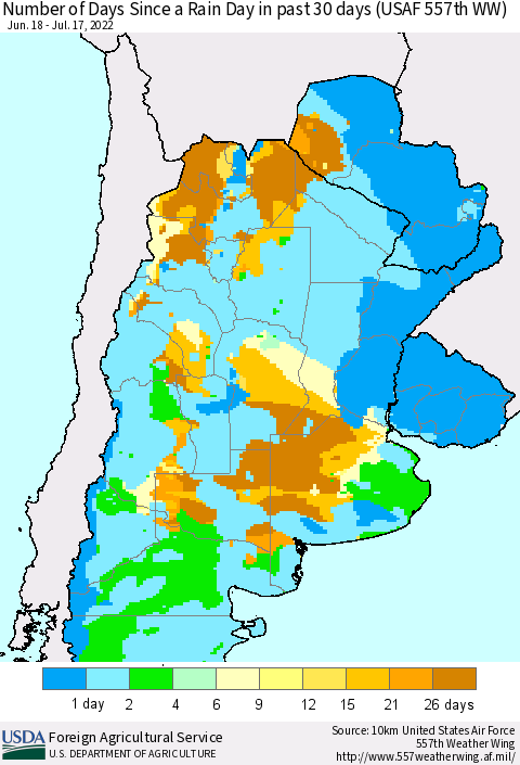 Southern South America Number of Days Since a Rain Day in past 30 days (USAF 557th WW) Thematic Map For 7/11/2022 - 7/17/2022