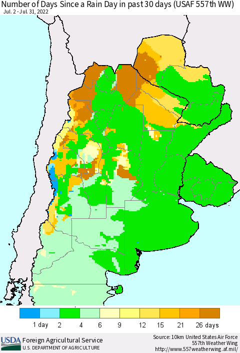 Southern South America Number of Days Since a Rain Day in past 30 days (USAF 557th WW) Thematic Map For 7/25/2022 - 7/31/2022