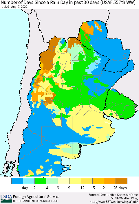 Southern South America Number of Days Since a Rain Day in past 30 days (USAF 557th WW) Thematic Map For 8/1/2022 - 8/7/2022