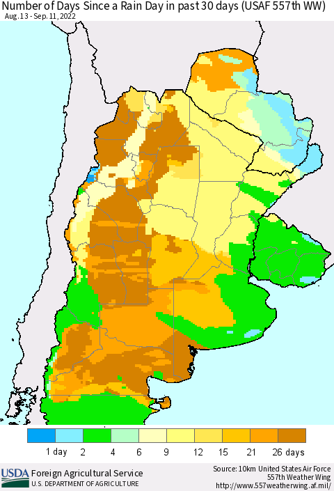 Southern South America Number of Days Since a Rain Day in past 30 days (USAF 557th WW) Thematic Map For 9/5/2022 - 9/11/2022