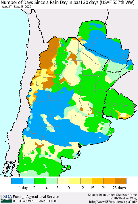 Southern South America Number of Days Since a Rain Day in past 30 days (USAF 557th WW) Thematic Map For 9/19/2022 - 9/25/2022