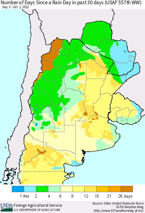 Southern South America Number of Days Since a Rain Day in past 30 days (USAF 557th WW) Thematic Map For 9/26/2022 - 10/2/2022