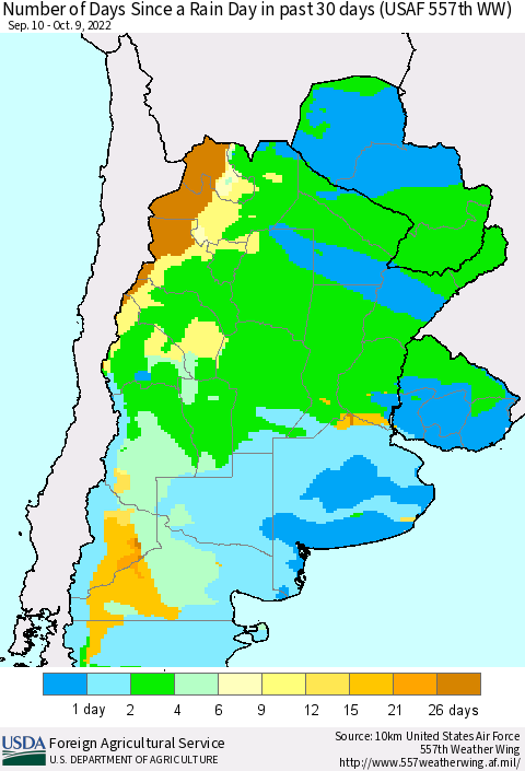 Southern South America Number of Days Since a Rain Day in past 30 days (USAF 557th WW) Thematic Map For 10/3/2022 - 10/9/2022