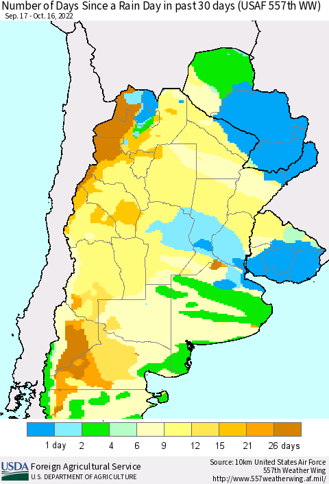 Southern South America Number of Days Since a Rain Day in past 30 days (USAF 557th WW) Thematic Map For 10/10/2022 - 10/16/2022