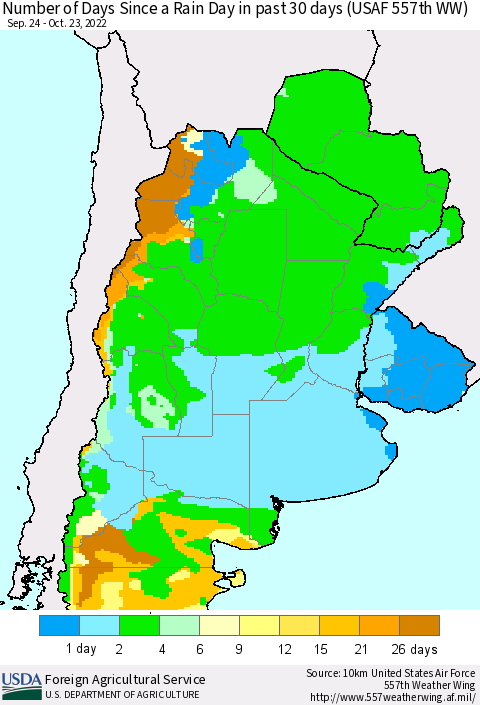 Southern South America Number of Days Since a Rain Day in past 30 days (USAF 557th WW) Thematic Map For 10/17/2022 - 10/23/2022