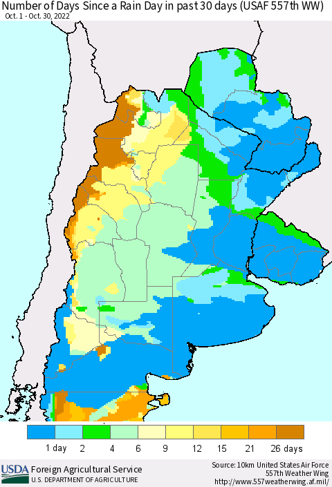 Southern South America Number of Days Since a Rain Day in past 30 days (USAF 557th WW) Thematic Map For 10/24/2022 - 10/30/2022