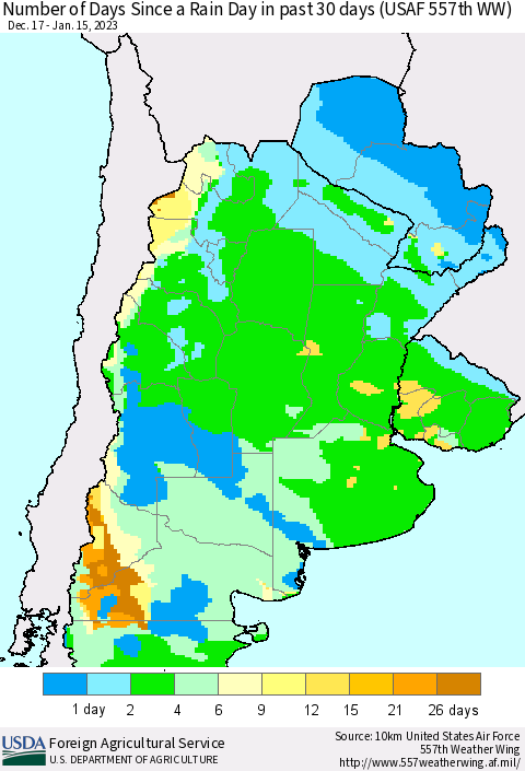 Southern South America Number of Days Since a Rain Day in past 30 days (USAF 557th WW) Thematic Map For 1/9/2023 - 1/15/2023