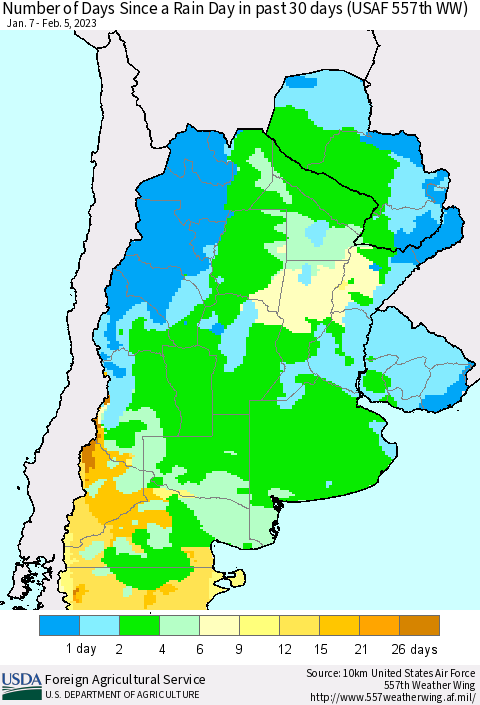Southern South America Number of Days Since a Rain Day in past 30 days (USAF 557th WW) Thematic Map For 1/30/2023 - 2/5/2023