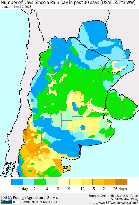 Southern South America Number of Days Since a Rain Day in past 30 days (USAF 557th WW) Thematic Map For 2/6/2023 - 2/12/2023