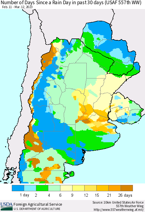 Southern South America Number of Days Since a Rain Day in past 30 days (USAF 557th WW) Thematic Map For 3/6/2023 - 3/12/2023