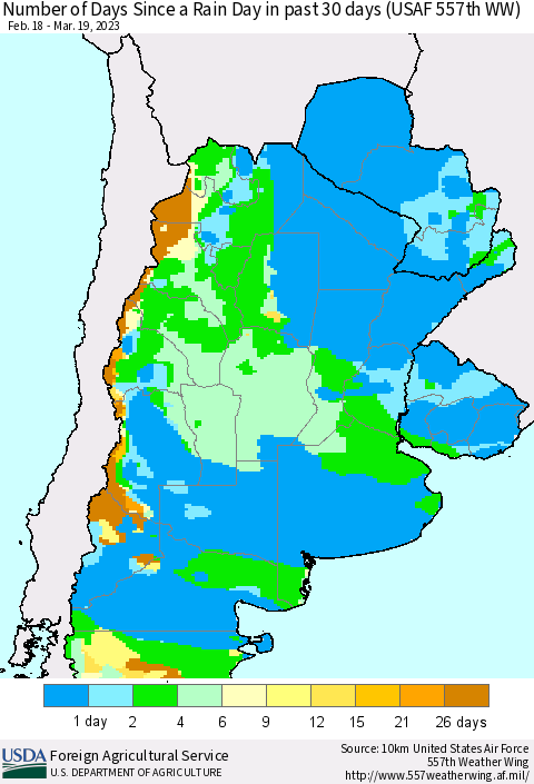 Southern South America Number of Days Since a Rain Day in past 30 days (USAF 557th WW) Thematic Map For 3/13/2023 - 3/19/2023