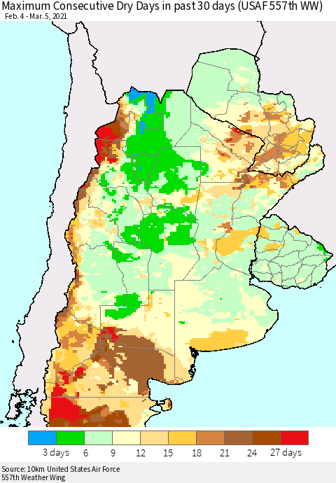 Southern South America Maximum Consecutive Dry Days in past 30 days (USAF 557th WW) 03/05/2021 Thematic Map For 3/1/2021 - 3/5/2021