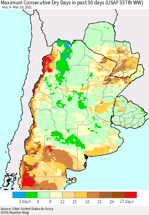 Southern South America Maximum Consecutive Dry Days in past 30 days (USAF 557th WW) 03/10/2021 Thematic Map For 3/6/2021 - 3/10/2021