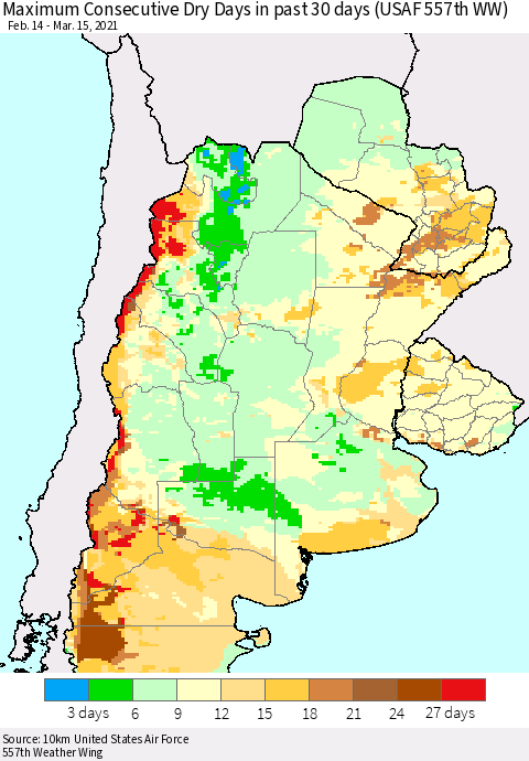 Southern South America Maximum Consecutive Dry Days in past 30 days (USAF 557th WW) 03/15/2021 Thematic Map For 3/11/2021 - 3/15/2021
