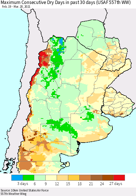 Southern South America Maximum Consecutive Dry Days in past 30 days (USAF 557th WW) 03/20/2021 Thematic Map For 3/16/2021 - 3/20/2021
