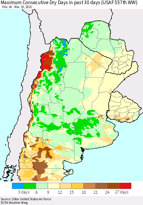 Southern South America Maximum Consecutive Dry Days in past 30 days (USAF 557th WW) 03/25/2021 Thematic Map For 3/21/2021 - 3/25/2021