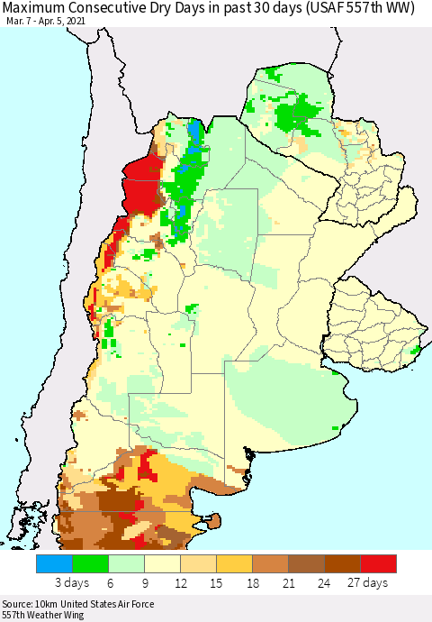 Southern South America Maximum Consecutive Dry Days in past 30 days (USAF 557th WW) 04/05/2021 Thematic Map For 4/1/2021 - 4/5/2021