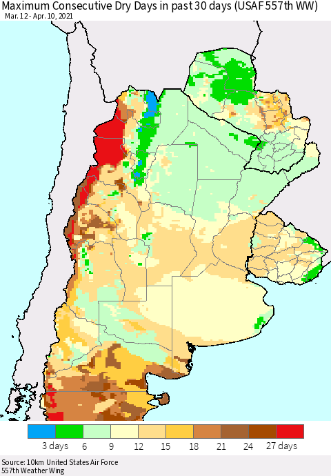 Southern South America Maximum Consecutive Dry Days in past 30 days (USAF 557th WW) 04/10/2021 Thematic Map For 4/6/2021 - 4/10/2021