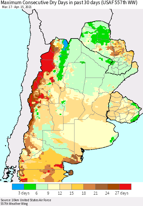 Southern South America Maximum Consecutive Dry Days in past 30 days (USAF 557th WW) 04/15/2021 Thematic Map For 4/11/2021 - 4/15/2021