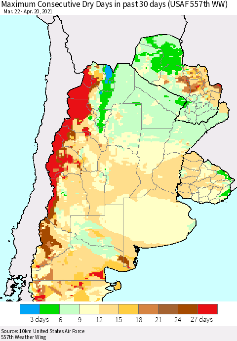 Southern South America Maximum Consecutive Dry Days in past 30 days (USAF 557th WW) 04/20/2021 Thematic Map For 4/16/2021 - 4/20/2021