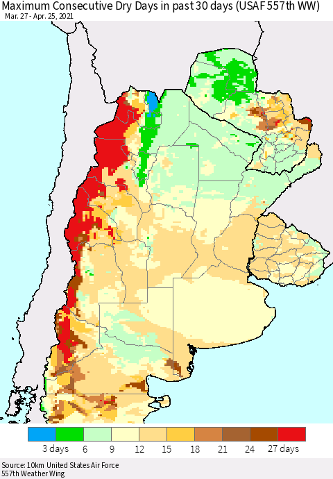Southern South America Maximum Consecutive Dry Days in past 30 days (USAF 557th WW) 04/25/2021 Thematic Map For 4/21/2021 - 4/25/2021
