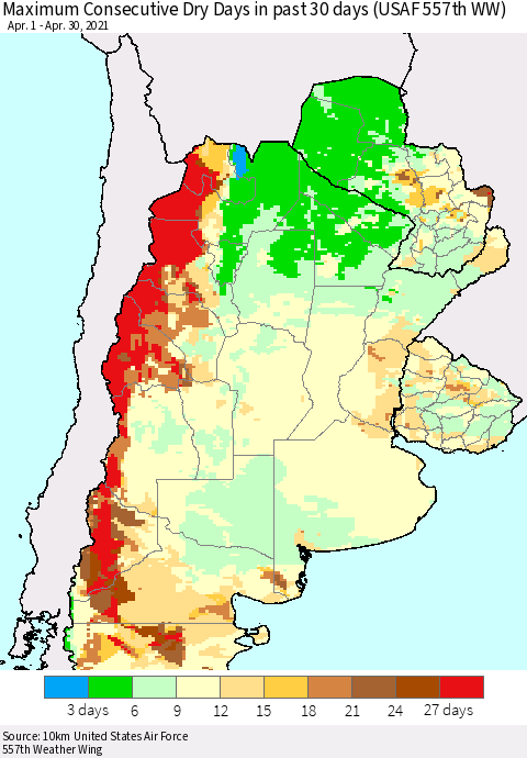 Southern South America Maximum Consecutive Dry Days in past 30 days (USAF 557th WW) 04/30/2021 Thematic Map For 4/26/2021 - 4/30/2021