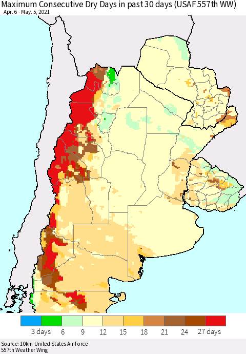 Southern South America Maximum Consecutive Dry Days in past 30 days (USAF 557th WW) 05/05/2021 Thematic Map For 5/1/2021 - 5/5/2021