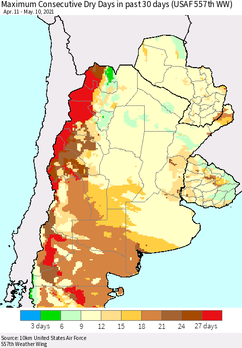Southern South America Maximum Consecutive Dry Days in past 30 days (USAF 557th WW) 05/10/2021 Thematic Map For 5/6/2021 - 5/10/2021