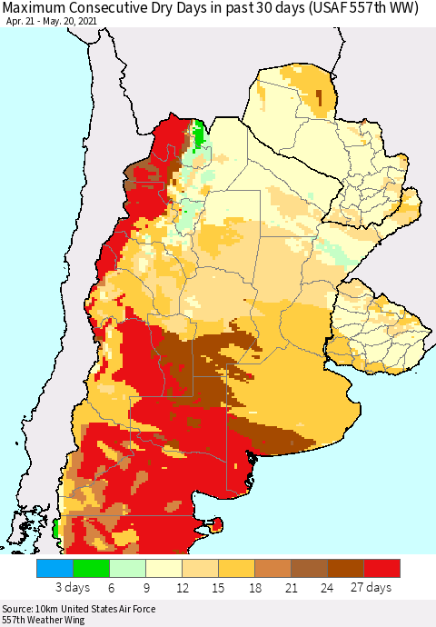 Southern South America Maximum Consecutive Dry Days in past 30 days (USAF 557th WW) 05/20/2021 Thematic Map For 5/16/2021 - 5/20/2021