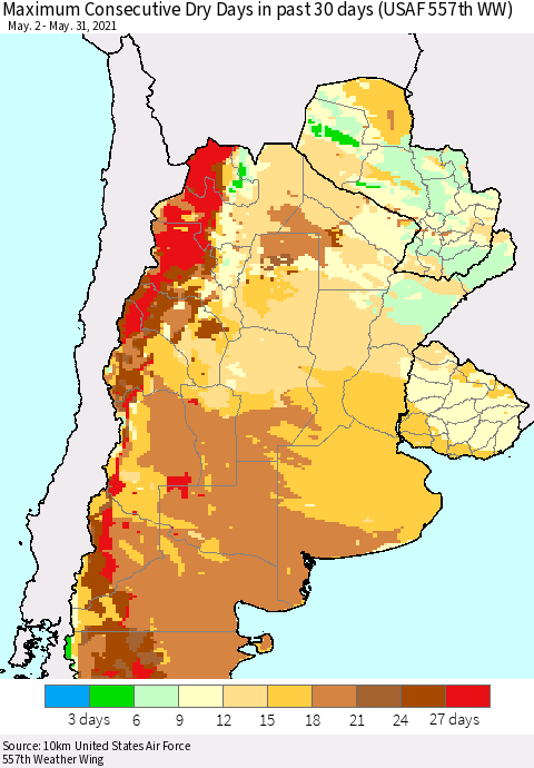 Southern South America Maximum Consecutive Dry Days in past 30 days (USAF 557th WW) 05/31/2021 Thematic Map For 5/26/2021 - 5/31/2021