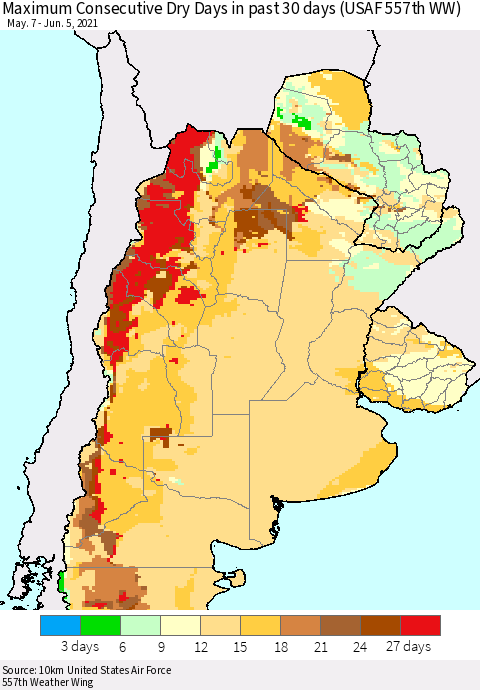 Southern South America Maximum Consecutive Dry Days in past 30 days (USAF 557th WW) 06/05/2021 Thematic Map For 6/1/2021 - 6/5/2021