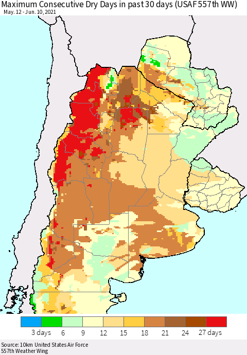 Southern South America Maximum Consecutive Dry Days in past 30 days (USAF 557th WW) 06/10/2021 Thematic Map For 6/6/2021 - 6/10/2021
