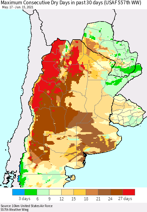Southern South America Maximum Consecutive Dry Days in past 30 days (USAF 557th WW) 06/15/2021 Thematic Map For 6/11/2021 - 6/15/2021