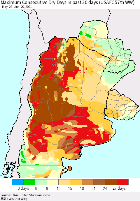 Southern South America Maximum Consecutive Dry Days in past 30 days (USAF 557th WW) 06/20/2021 Thematic Map For 6/16/2021 - 6/20/2021