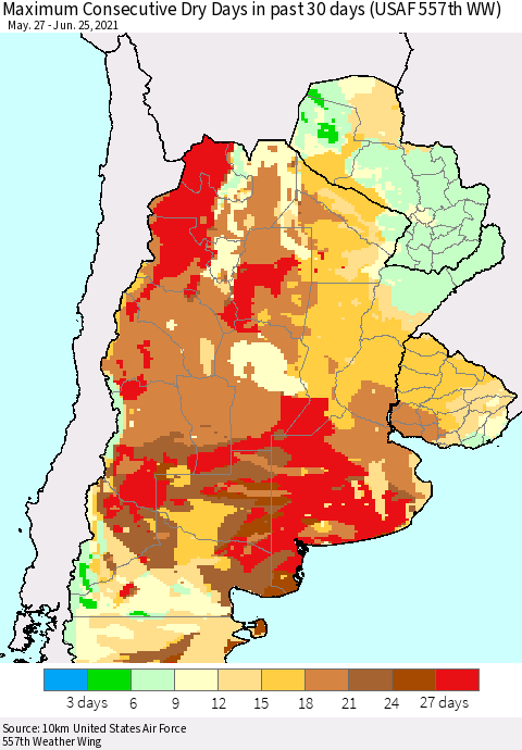 Southern South America Maximum Consecutive Dry Days in past 30 days (USAF 557th WW) 06/25/2021 Thematic Map For 6/21/2021 - 6/25/2021
