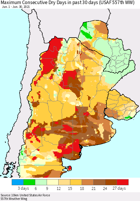Southern South America Maximum Consecutive Dry Days in past 30 days (USAF 557th WW) 06/30/2021 Thematic Map For 6/26/2021 - 6/30/2021