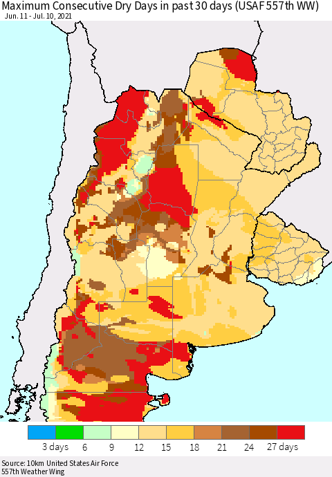 Southern South America Maximum Consecutive Dry Days in past 30 days (USAF 557th WW) 07/10/2021 Thematic Map For 7/6/2021 - 7/10/2021