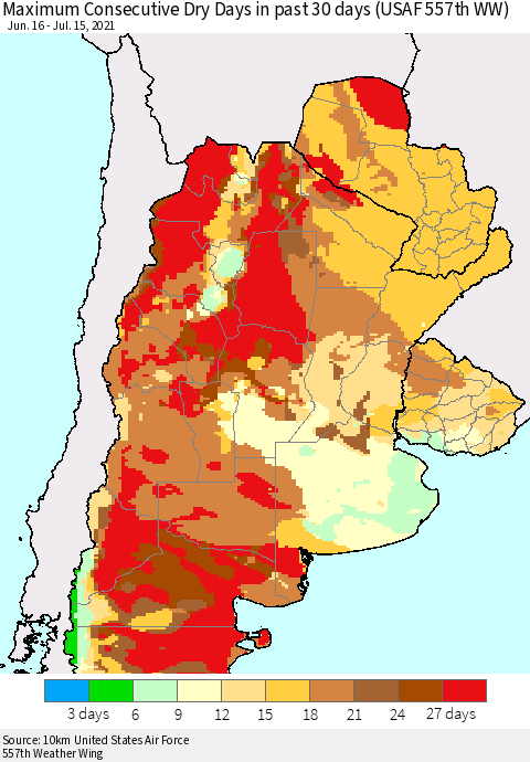 Southern South America Maximum Consecutive Dry Days in past 30 days (USAF 557th WW) 07/15/2021 Thematic Map For 7/11/2021 - 7/15/2021