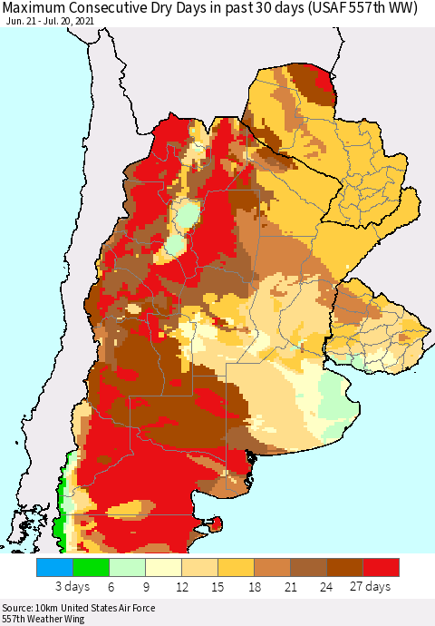 Southern South America Maximum Consecutive Dry Days in past 30 days (USAF 557th WW) 07/20/2021 Thematic Map For 7/16/2021 - 7/20/2021