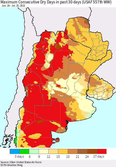 Southern South America Maximum Consecutive Dry Days in past 30 days (USAF 557th WW) 07/25/2021 Thematic Map For 7/21/2021 - 7/25/2021