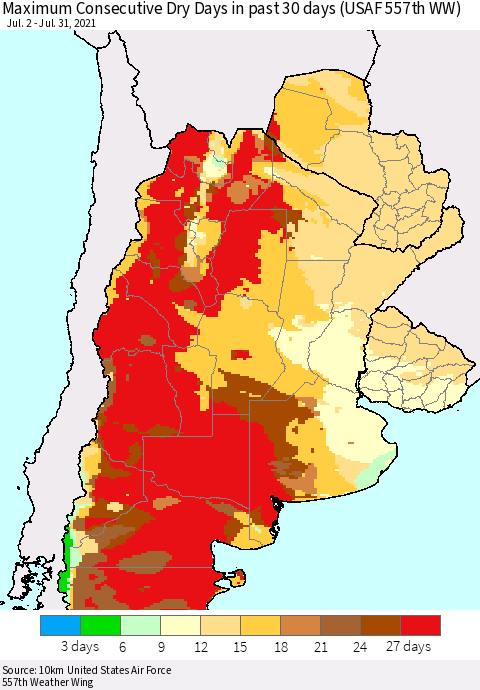 Southern South America Maximum Consecutive Dry Days in past 30 days (USAF 557th WW) 07/31/2021 Thematic Map For 7/26/2021 - 7/31/2021