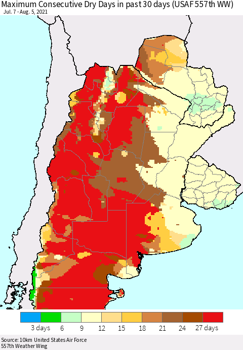 Southern South America Maximum Consecutive Dry Days in past 30 days (USAF 557th WW) 08/05/2021 Thematic Map For 8/1/2021 - 8/5/2021