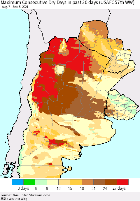 Southern South America Maximum Consecutive Dry Days in past 30 days (USAF 557th WW) Thematic Map For 9/1/2021 - 9/5/2021
