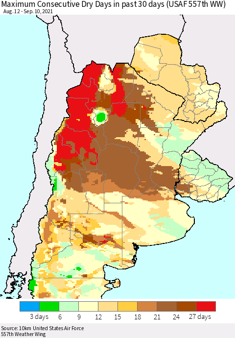Southern South America Maximum Consecutive Dry Days in past 30 days (USAF 557th WW) 09/10/2021 Thematic Map For 9/6/2021 - 9/10/2021