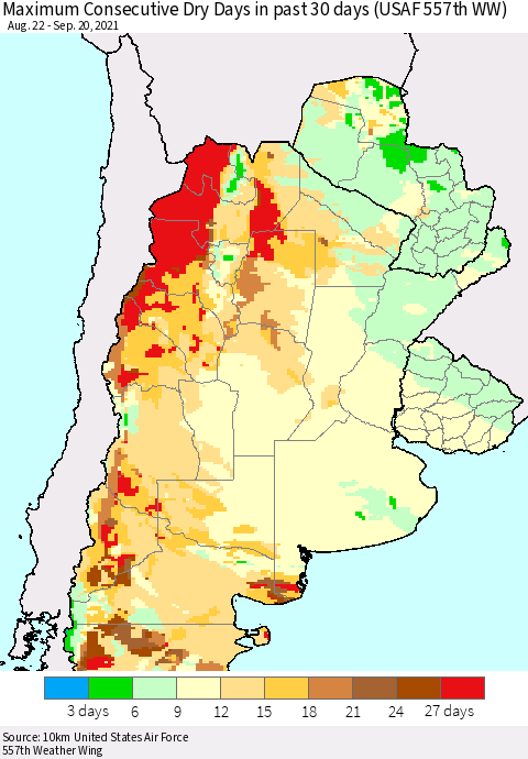 Southern South America Maximum Consecutive Dry Days in past 30 days (USAF 557th WW) 09/20/2021 Thematic Map For 9/16/2021 - 9/20/2021