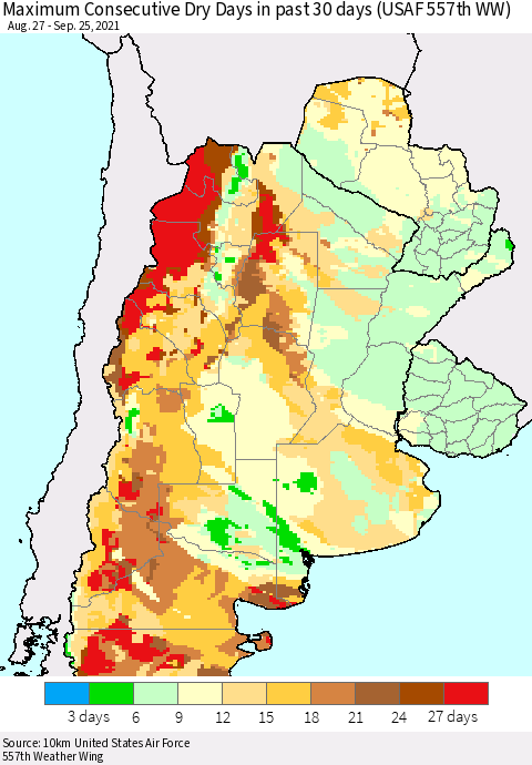 Southern South America Maximum Consecutive Dry Days in past 30 days (USAF 557th WW) 09/25/2021 Thematic Map For 9/21/2021 - 9/25/2021