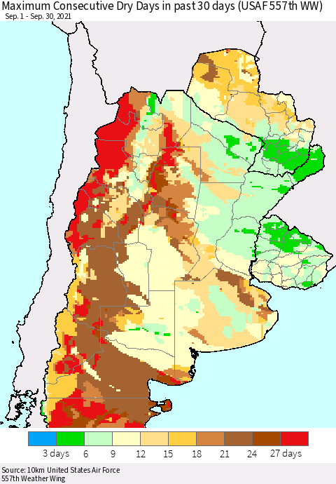 Southern South America Maximum Consecutive Dry Days in past 30 days (USAF 557th WW) 09/30/2021 Thematic Map For 9/26/2021 - 9/30/2021