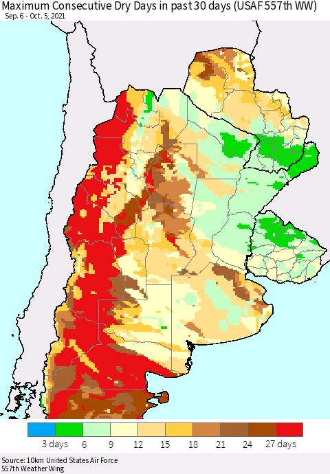 Southern South America Maximum Consecutive Dry Days in past 30 days (USAF 557th WW) 10/05/2021 Thematic Map For 10/1/2021 - 10/5/2021