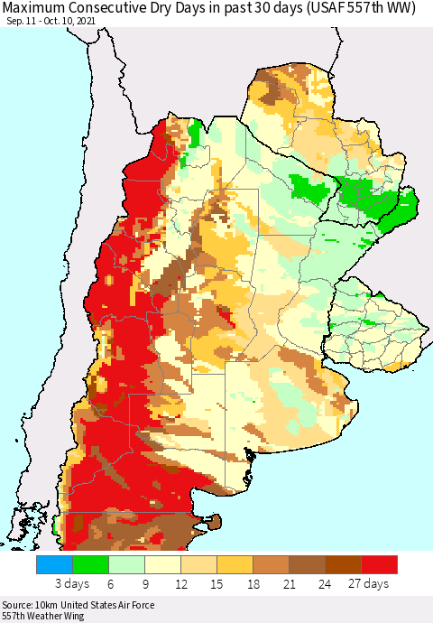 Southern South America Maximum Consecutive Dry Days in past 30 days (USAF 557th WW) 10/10/2021 Thematic Map For 10/6/2021 - 10/10/2021